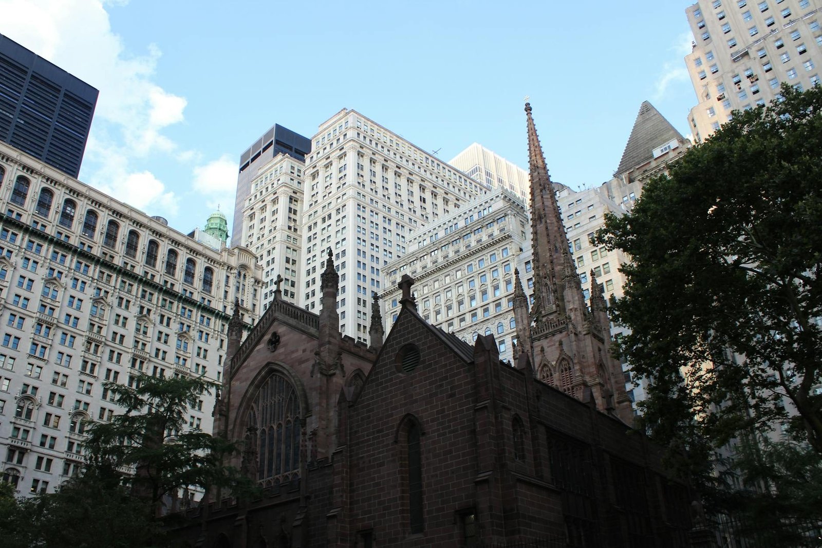 Trinity Church and skyscrapers in New York City's Financial District.