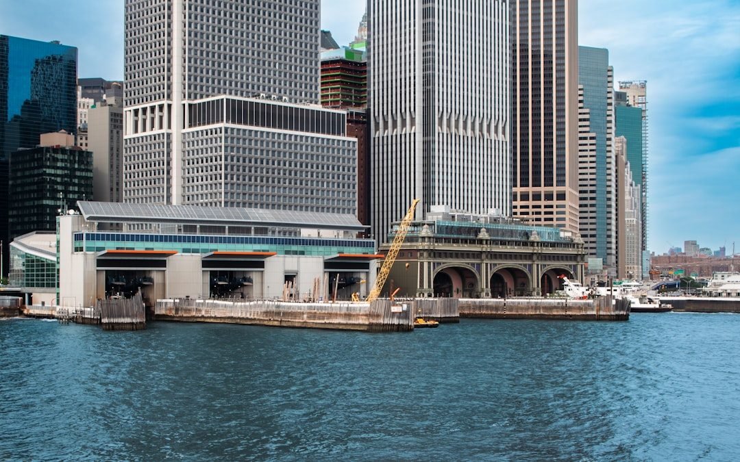 Lower Manhattan skyline and Staten Island Ferry Terminal from the water.